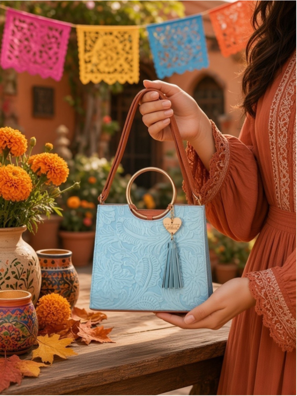 Autumn Sky Blue Floral Embossed Tooled Artisan LEATHER Crossbody Handbag Purse